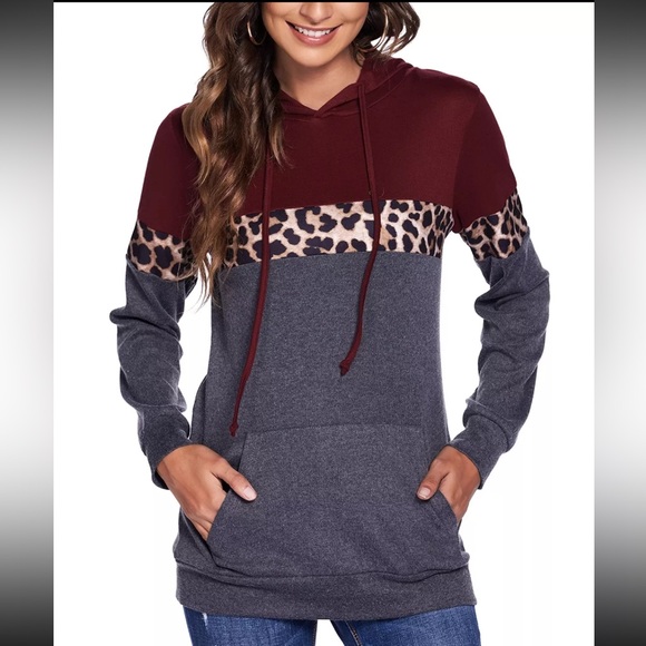 Women Drawstring Pullover Hoodies Casual Long Sleeve Sweatshirt NWT Leopard - Picture 1 of 6